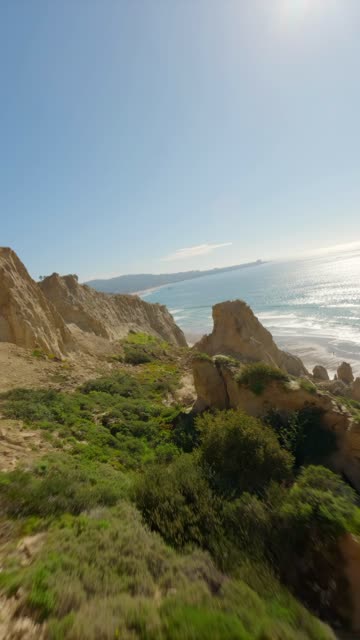Low aerial view of the cliffs, the ocean and the beach at Black’s Beach.