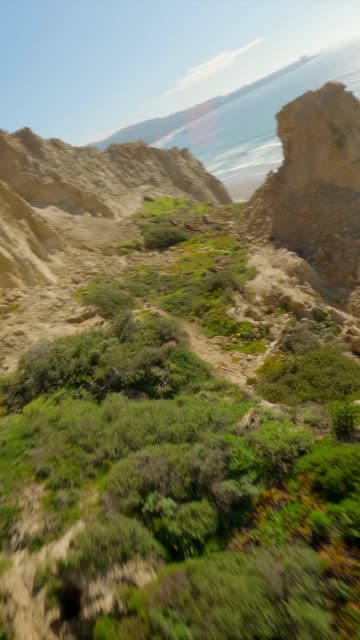 Low aerial view of the cliffs, the ocean and the beach at Black’s Beach.