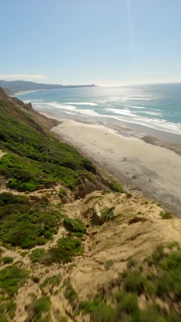 Aerial view of the cliffs, the ocean and the beach at Black’s Beach, with people walking.