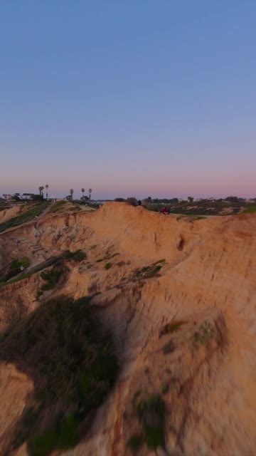 Low aerial view of the cliffs, palm trees and open country at Black’s Beach, with people walking.