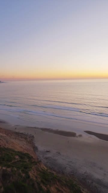 Aerial view of the cliffs, the surf and the ocean at Black’s Beach, with people walking.