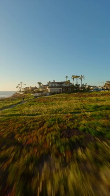Low aerial view of a residential street, palm trees and the ocean in Carlsbad, with people walking.