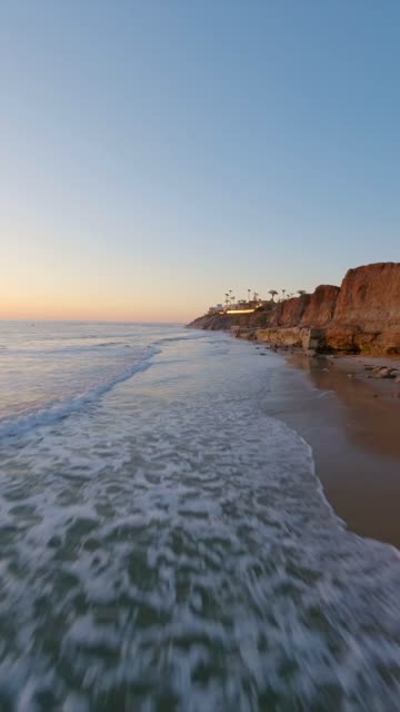 Low aerial view of the beach, the surf and palm trees in Carlsbad.
