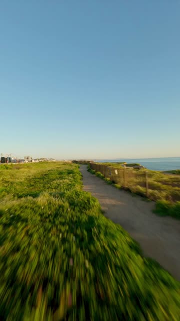 Low aerial view of the cliffs, the ocean and open country in Carlsbad.