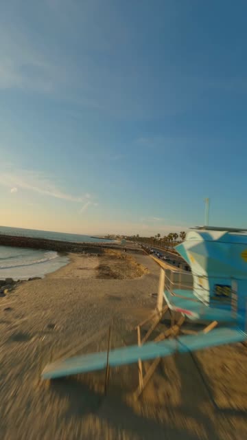 Low aerial view of the beach, the surf and palm trees in Carlsbad.