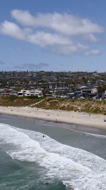 Aerial view of the beach, the surf and palm trees at Tourmaline, with surfers out.