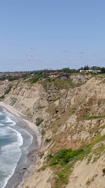 Aerial view of the cliffs, the surf and the ocean at Black’s Beach.