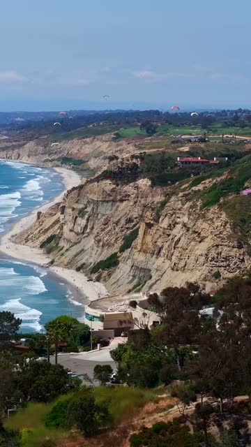 Aerial view of the cliffs, the surf and the ocean at Black’s Beach.