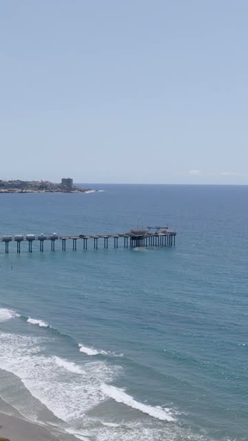 Aerial view of the beach, the surf and the pier at La Jolla Shores.