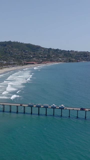 Aerial view of the beach, the surf and the pier at La Jolla Shores.