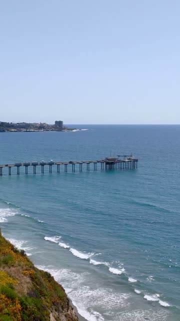 Aerial view of the cliffs, the surf and the pier at La Jolla Shores.
