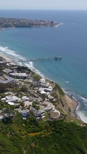 Aerial view of the cliffs, the pier and boats at La Jolla Shores.