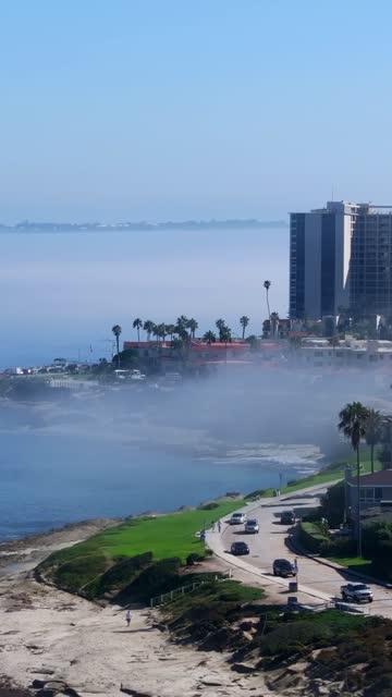 Aerial view of the cliffs, palm trees and the ocean at Village of La Jolla, with people walking.