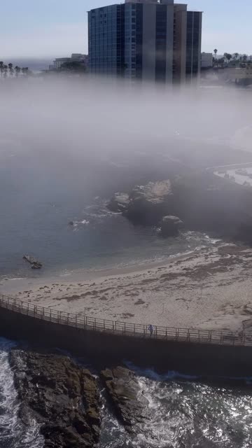 Aerial view of the beach, the ocean and the cliffs at Village of La Jolla, with people walking.