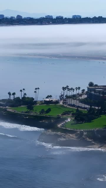Aerial view of the cliffs, the surf and palm trees at Village of La Jolla.