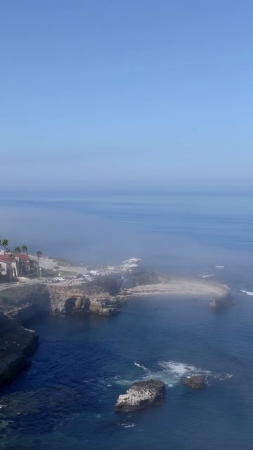 Aerial view of the cliffs, palm trees and the ocean at Village of La Jolla.
