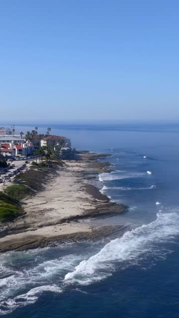 Aerial view of the beach, the surf and palm trees at La Jolla Cove.
