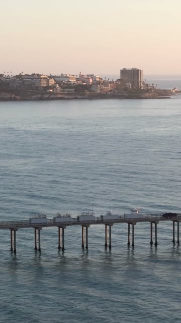 Aerial view of the beach, the pier and the ocean at La Jolla Shores.