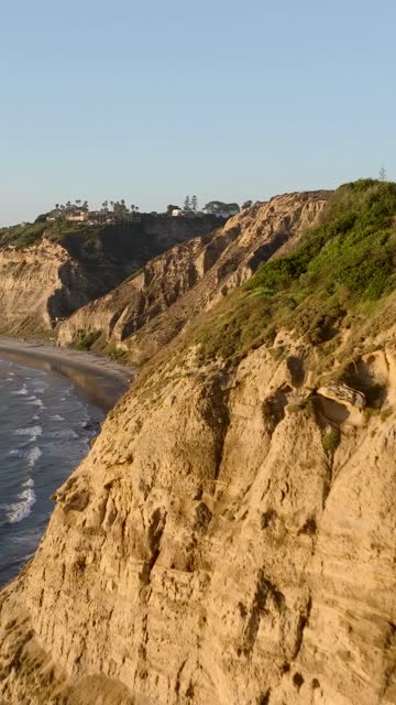 Aerial view of the cliffs, the surf and palm trees at Black’s Beach.