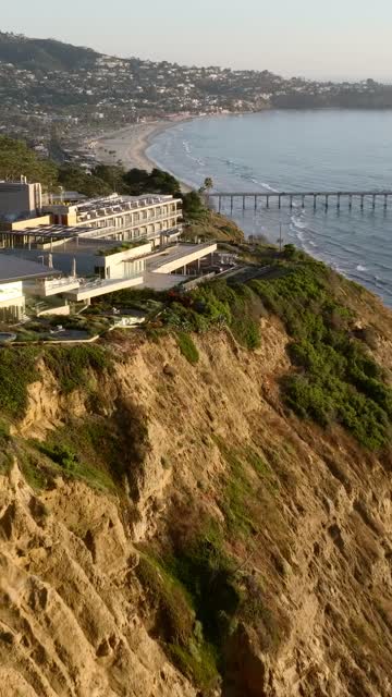 Aerial view of the cliffs, the pier and the ocean at Black’s Beach.