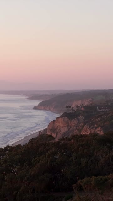 Aerial view of the cliffs, the surf and palm trees at Black’s Beach.