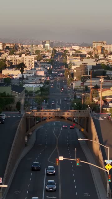 Low aerial view of the downtown streets, palm trees and homes in North Park, with people walking.