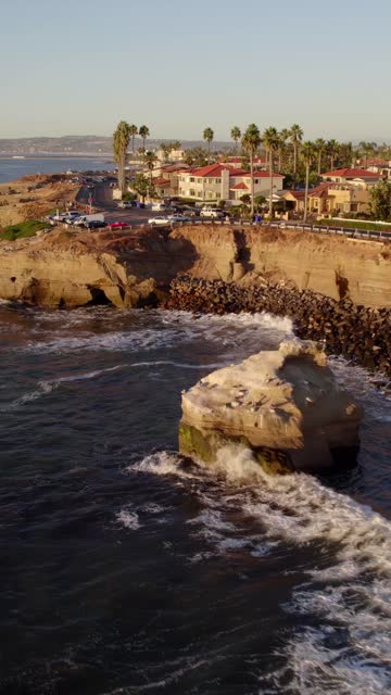 Aerial view of the cliffs, palm trees and the ocean at Sunset Cliffs.
