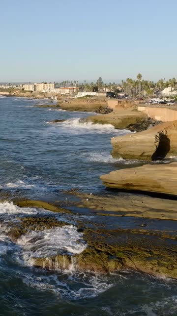 Low aerial view of the cliffs, the surf and palm trees at Sunset Cliffs.