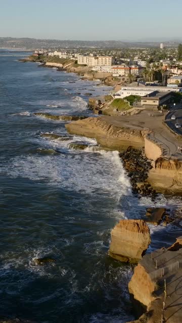Aerial view of the cliffs, the ocean and homes at Sunset Cliffs.