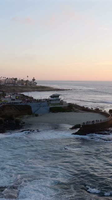 Aerial view of the cliffs, the surf and palm trees at La Jolla Cove, with a crowd gathered.