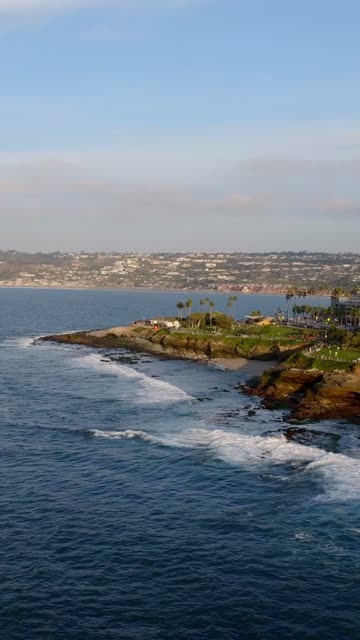 Aerial view of the cliffs, the surf and palm trees at La Jolla Cove.