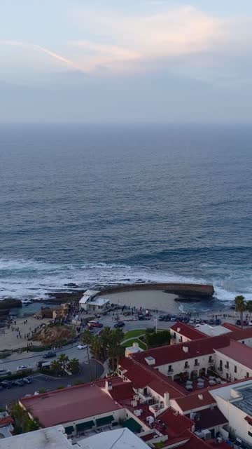 Aerial view of the cliffs, the surf and palm trees at La Jolla Cove, with a crowd gathered.