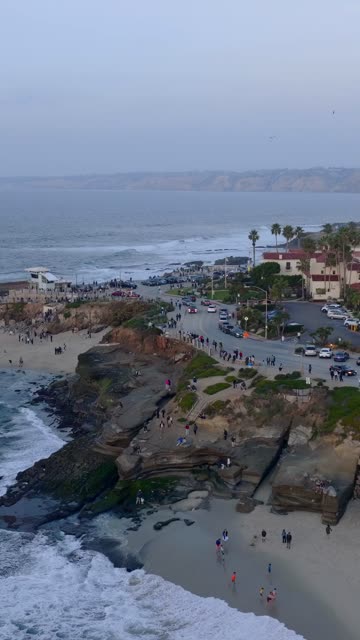 Aerial view of the cliffs, the surf and palm trees at La Jolla Cove, with a crowd gathered.