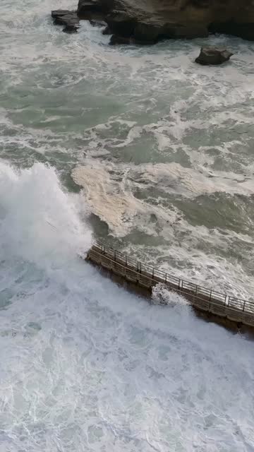 Aerial view of the cliffs, the surf and the ocean at La Jolla Cove.