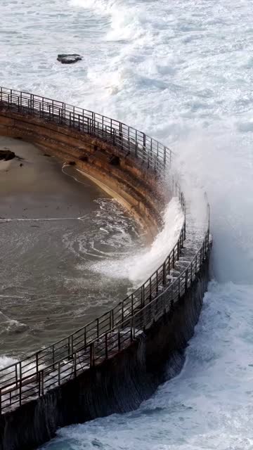 Aerial view of the cliffs, the surf and the ocean at La Jolla Cove.