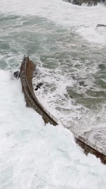 Aerial view of the cliffs, the surf and the ocean at La Jolla Cove.