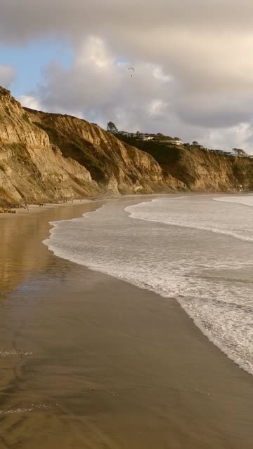 Low aerial view of the beach, the surf and the ocean at Black’s Beach, with people walking.