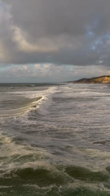 Low aerial view of the beach, the surf and the ocean at Black’s Beach.