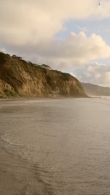 Low aerial view of the beach, the ocean and the cliffs at Black’s Beach.