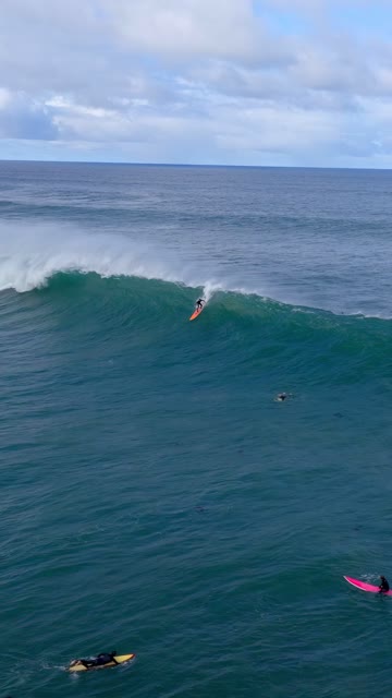 Low aerial view of the beach, the surf and the ocean at La Jolla Cove, with surfers out.