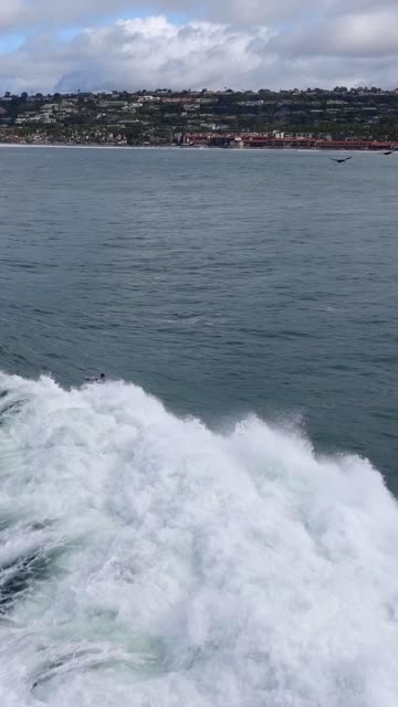 Vertical drone video of surfers surfing big surf during a powerful swell at La Jolla Cove in the Village of La Jolla San Diego California with massive waves and dramatic coastal cliffs