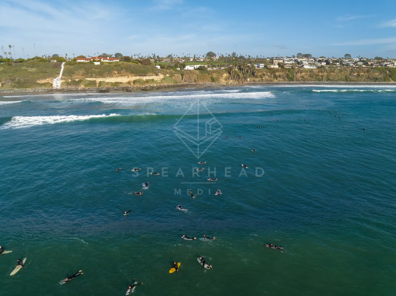 Aerial view of the cliffs, the surf and palm trees at Swamis, with surfers out.