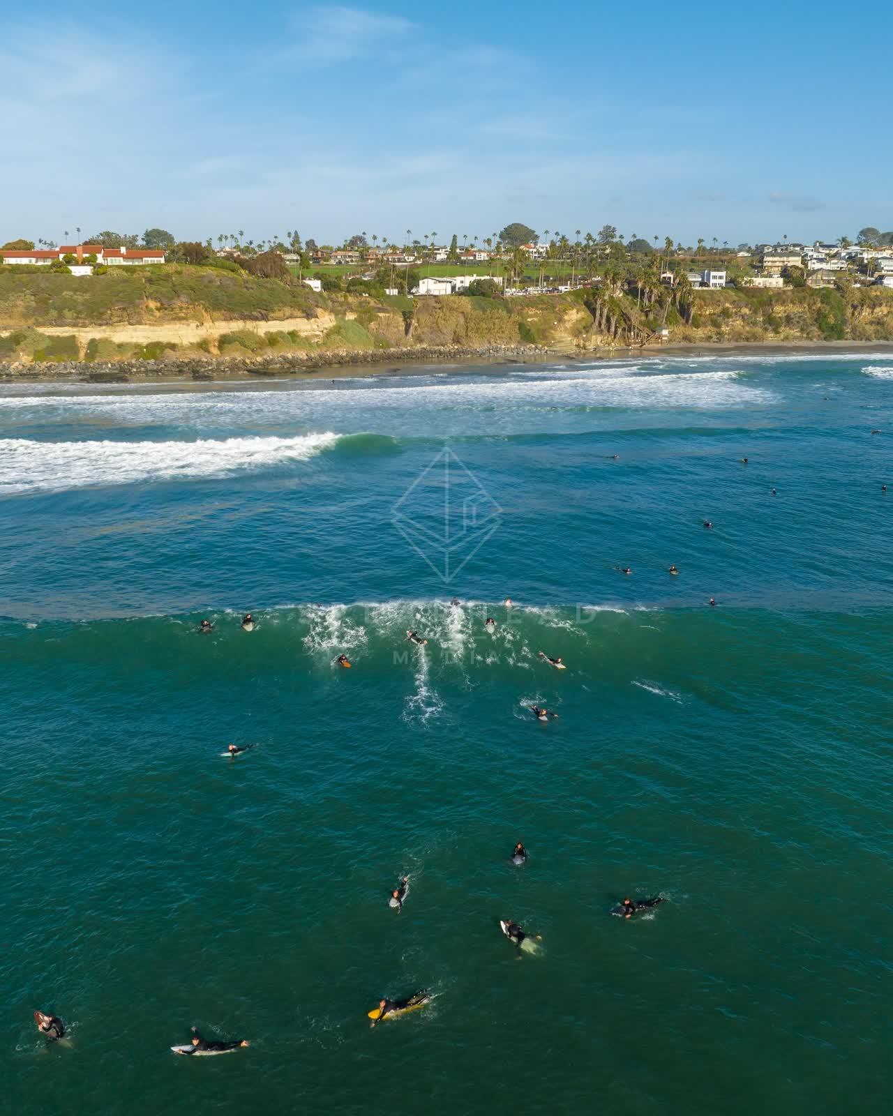 Aerial view of the beach, the surf and palm trees at Swamis, with surfers out.