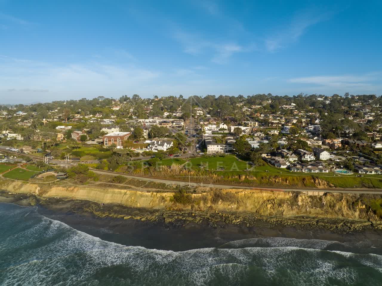 Aerial view of the cliffs, the surf and palm trees in Del Mar.