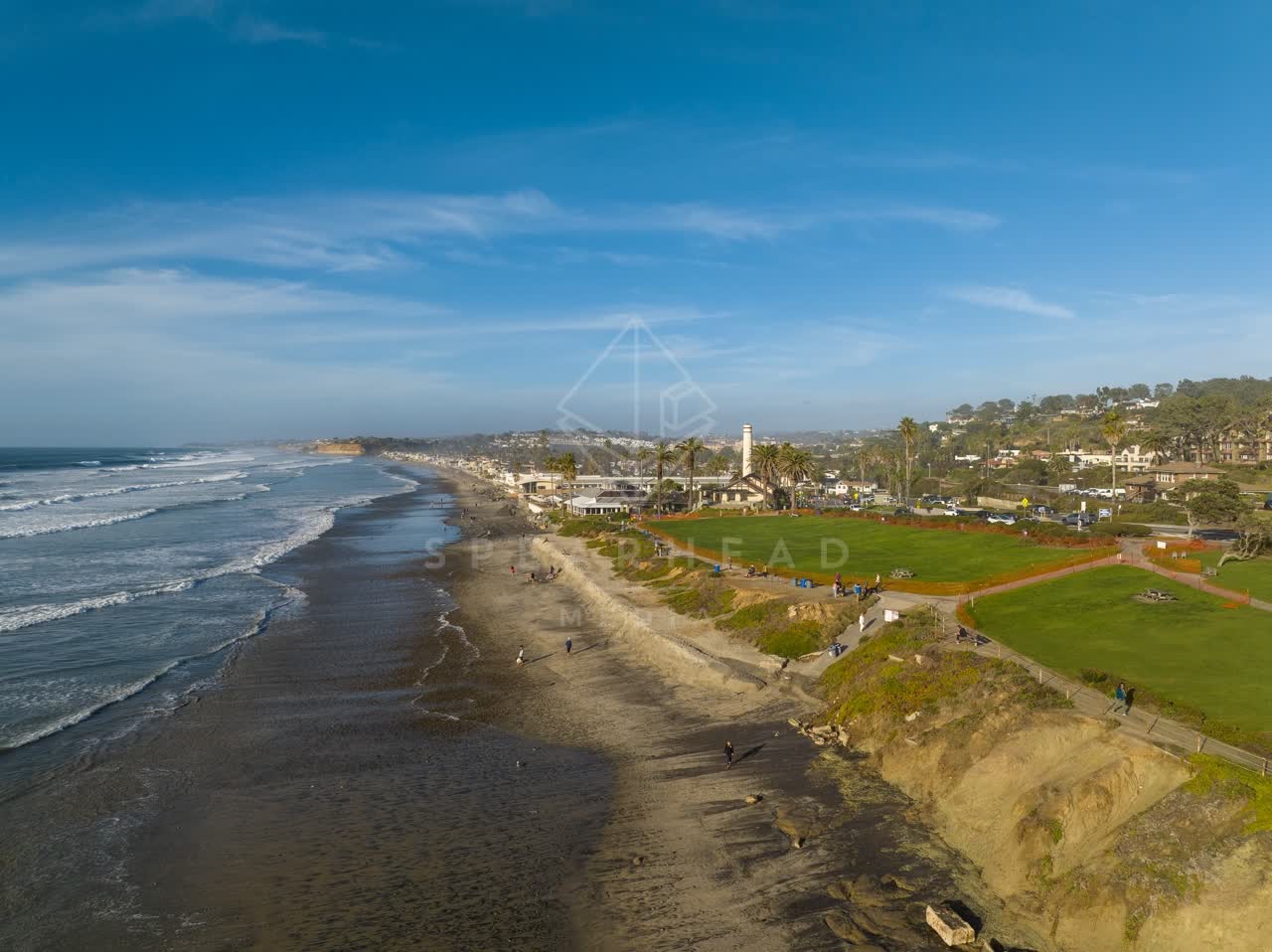 Aerial view of the beach, the surf and palm trees in Del Mar, with people walking.