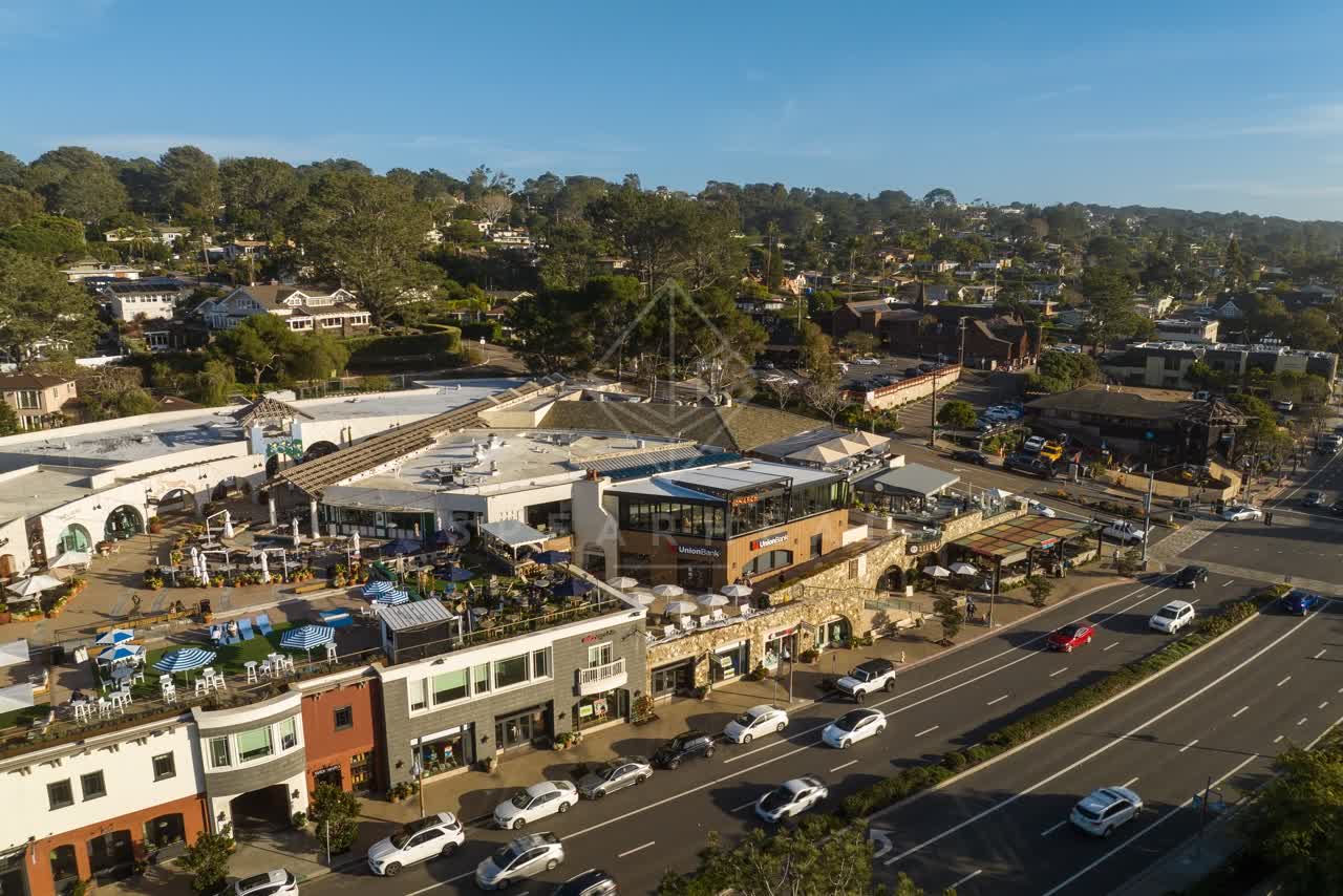Aerial view of the downtown streets, homes and the buildings in Del Mar.