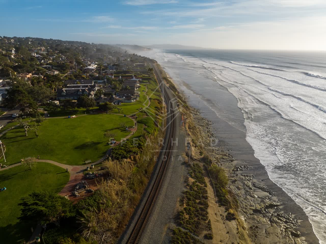 Aerial view of the beach, the surf and palm trees in Del Mar.