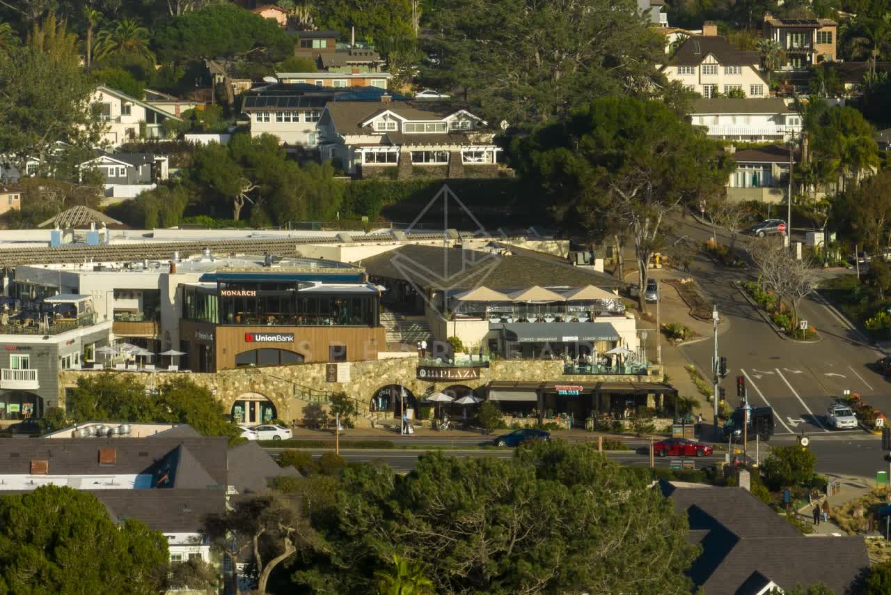 Aerial view of the downtown streets, homes and the buildings in Del Mar.