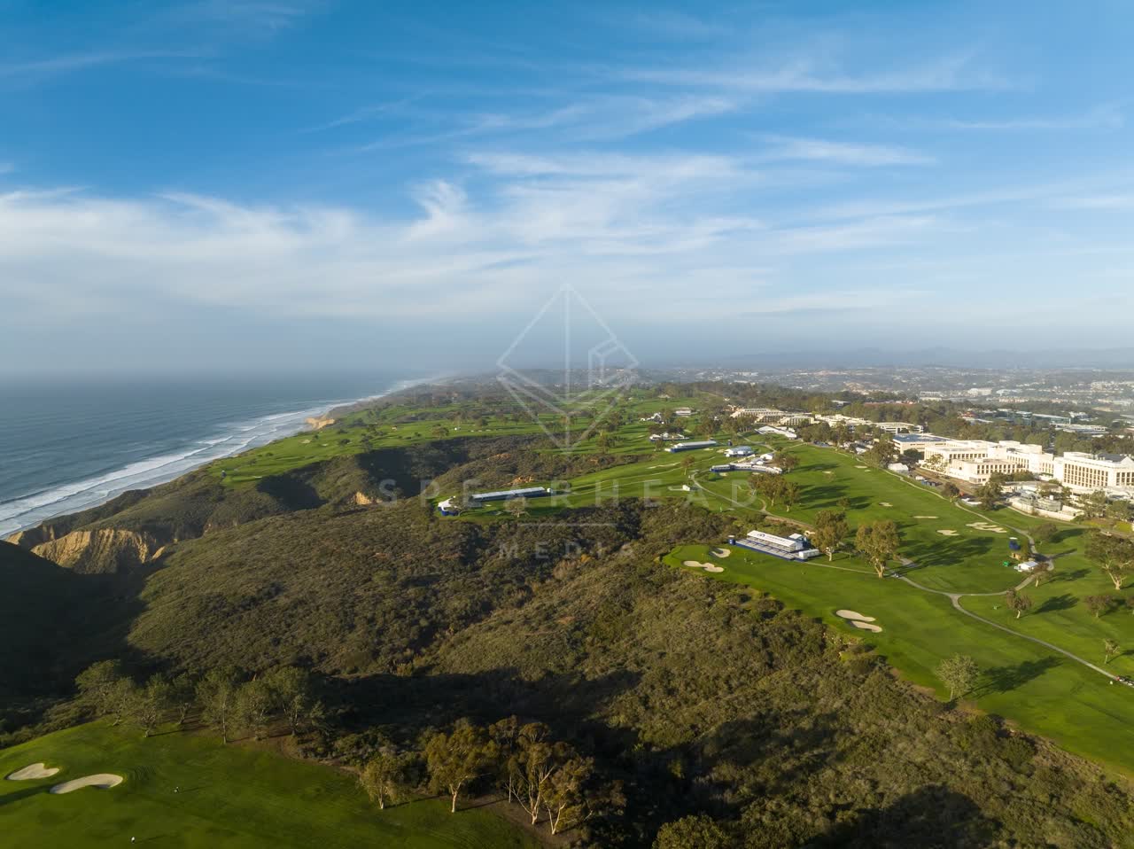 Aerial view of the cliffs, the ocean and open country at Torrey Pines.