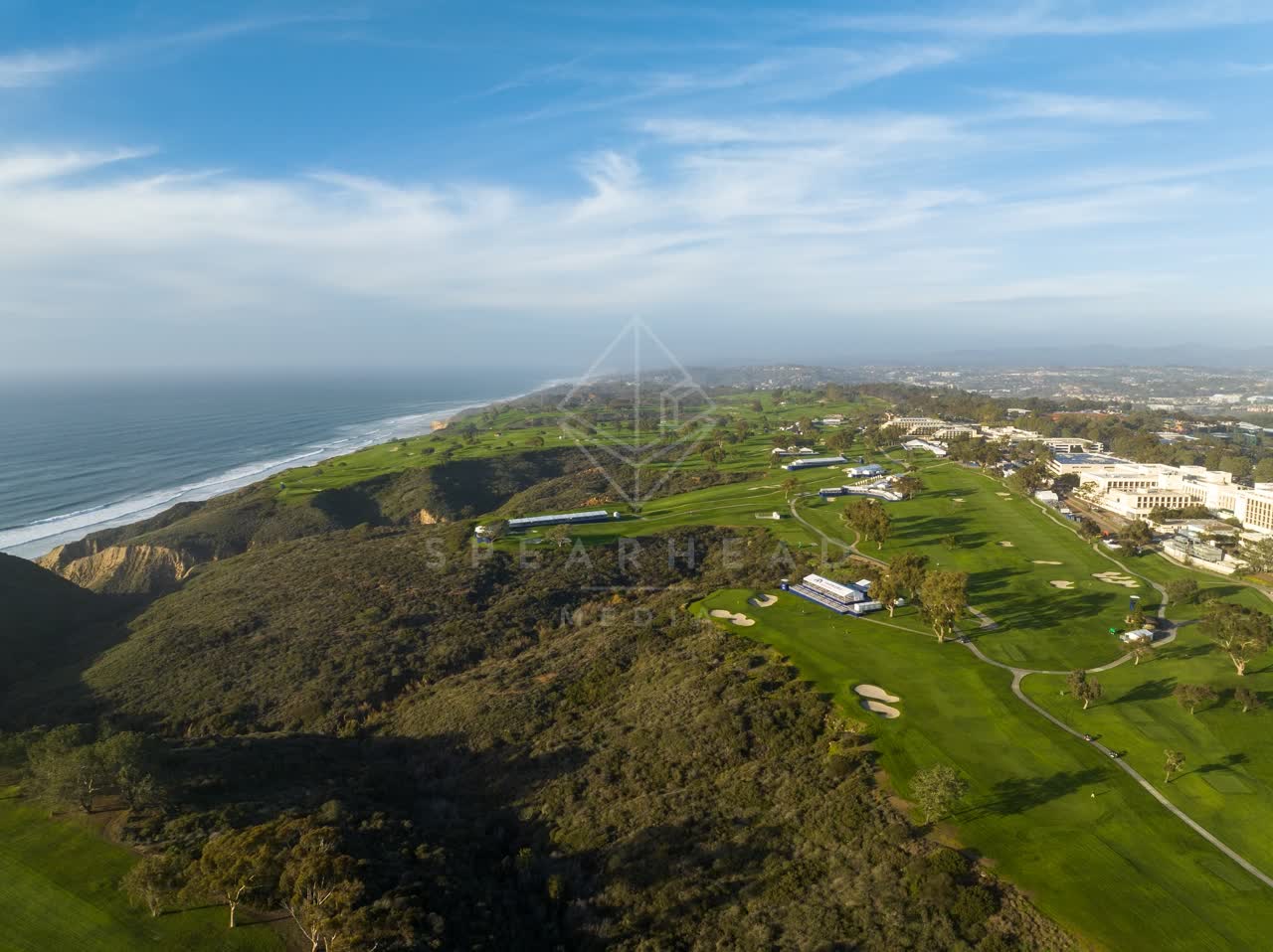 Aerial view of the cliffs, the ocean and open country at Torrey Pines.